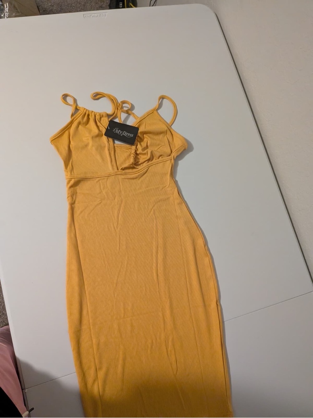 Slim Fit Mustard Yellow Midi Dress with Spaghetti Straps